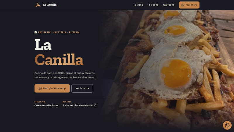 Portada de la web de La Canilla: el nombre en tipografía serif junto a una pizza al metro con huevos fritos y papas