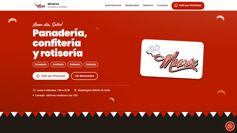 Portada de la web de Minerva: fondo rojo con el título Panadería, confitería y rotisería y el logo de la marca